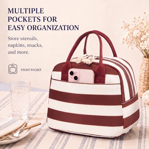 Image of LOVELYWIND Lunch Box for Women, Insulated Lunch Bag, Red Striped Tote