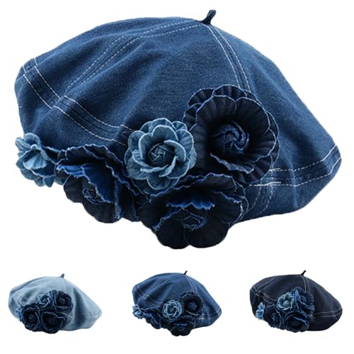 Busnos Beret Hat for Women French Artist Painter Beret Fashionable Cute Flower Denim Sun Hat Blue Woman's French Denim Hats Gift