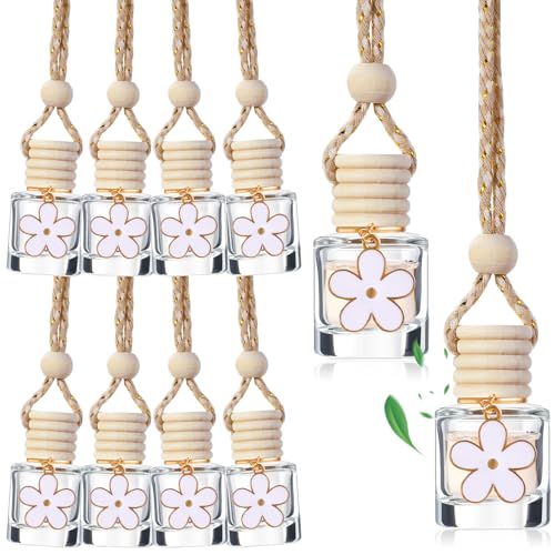 Image of 10 Pieces 8ml Hanging Car Air Freshener Diffuser with Daisy Flower Pendant Empty Glass Perfume Bottle Perfume Refillable Essential Oil Aromatherapy Vials with Wooden Caps Hanging String