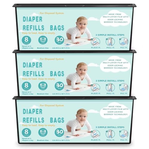 Image of Diaper Pail Refills Bags with 30 Bags Compatible with Genie Easy Roll Signature and Platinum Diaper Pails, 7-Layer Odor-Barrier Technology-3 Packs