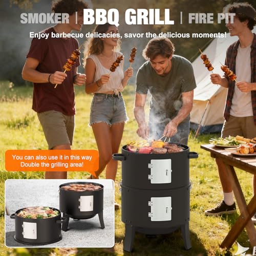 GRiliFE 16\" Charcoal Smoker, 3 in 1 Heavy Duty Vertical Barbecue Grill, Outdoor Fire Pit 402 Square Inches Cooking Area, Versatile Outdoor Smoker Grill, Black - Thumbnail 4