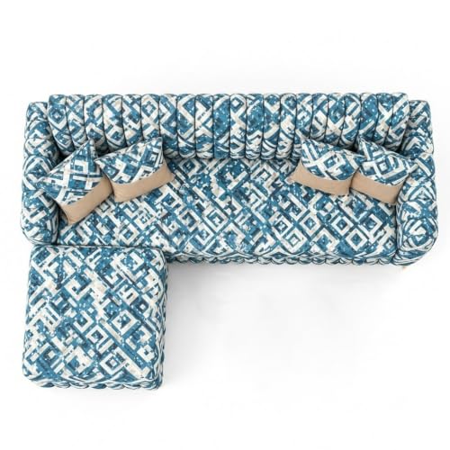 Image of CASASTYLE Signature Velour 4-Seater L-Shape Sofa Set with Movable Ottoman | Flexible LHS /RHS Layout | Tapestry Fabric | 40D Foam + Zigzag Spring | 3-Yr Warranty (Lagoon Mosaic Blue)