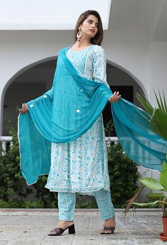 Image of Women's Stylish Rayon Nayra Cut Kurta Embroidered Work and Round Neck 3 /4 Sleeve with Pant Dupatta Set