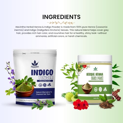 Image of Havintha Natural Indigo Powder & Herbal Henna 427g (200g Indigo + 227g Henna) | 100% Pure Herbal Hair Color | Natural Black & Brown Hair Dye for Hair & Beard