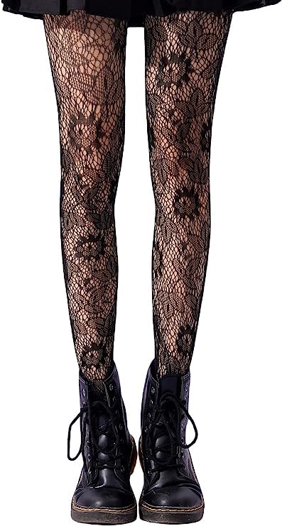 Image of Women's Patterned Tights, 3 Pairs, Floral Design, Fishnet with Stars and Moon, One Size
