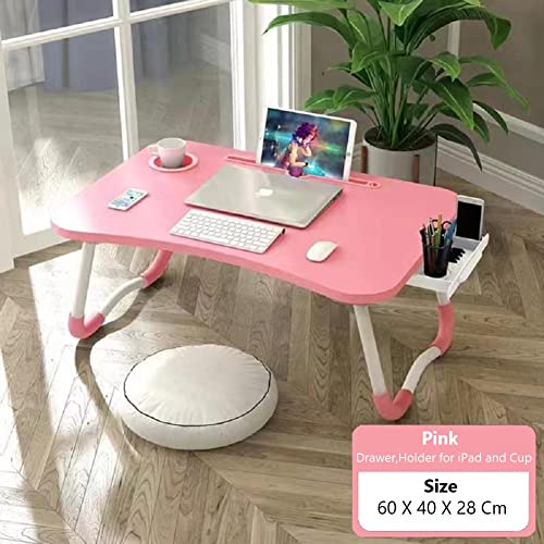 Laptop-Bed-Table-Foldable-Laptop-Desk-Bed-Tray-with-Storage-Drawer-Lap-Desk-TV-Tray-for-Breakfast-Serving-Notebook-Stand-Reading-Holder-with-Phone-Slot-and-Cup-Holder-for-Sofa-Couch-Floor-Pink