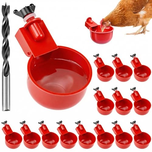 QWORK® Set de 16 Bebederos automáticos para Pollos con Taladro Especial - dispensador de Agua para Aves de Corral - Hecho de plástico Acero Inoxidable.