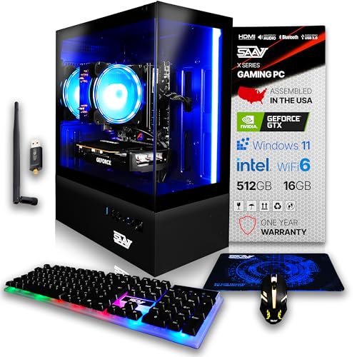 SAAV X1 Prebuilt Gaming PC Desktop Intel G5400 3.7GHz CPU, 16GB RAM, GEFORCE GTX 750 GDDR5 GPU, 512GB NVME, WiFi 6, Bluetooth, Win 11, Mouse Keyboard, PC Gaming Computer Desktop, 1-Year Warranty