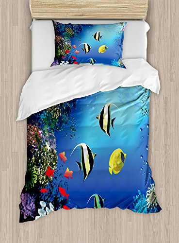 Ambesonne Underwater Fish Duvet Cover Set, Twin, Blue