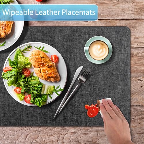 Placemats Set of 8 Washable, Heat Resistant Table Placemats Wipeable Faux Leather Place Mats Non Slip, Waterproof Square Table Mats for Indoor Outdoor, Charcoal Gray