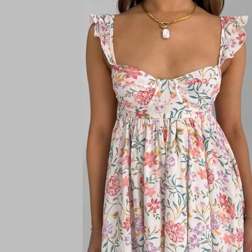 Image of Women Y2k Tie Shoulder Mini Dress Sleeveless Flowy Babydoll Dress Boho Floral Aline Short Sundress