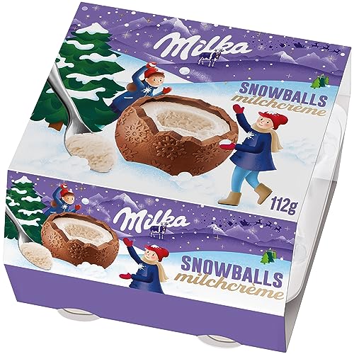 Milka Snowballs Milchcrème mit luftiger Füllung zum Auslöffeln – 4 große Schokokugeln in Einzelpackung – 112g