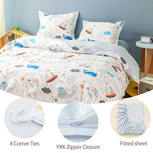 Simple&Opulence 100% Organic Cotton Duvet Cover For Kids Teens, 3 Pieces Soft Comforter Cover With Zipper Closure Cool Boy Girl Sea Sailboat Ocean Bedding Set - Whale, Twin #TOP3