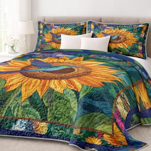 Sleepwish Hummingbird Quilt Set Twin Size, Sunflower Garden Bird Bedding,