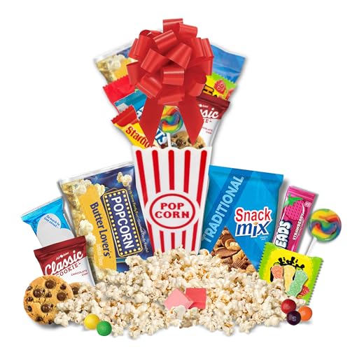 Kids Movie Night Gift Bucket – Pre-Filled Snack Basket Candy Bouquet with Popcorn, Candy, Cookies & Popcorn Bowl (Movie Night - Chocolate Chip Cookie)