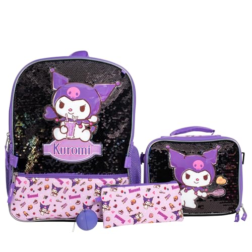 AI ACCESSORY INNOVATIONS Sanrios Kuromi 4 Piece Backpack Set Hello Kitty Kawaii Flip Sequin Girls School Bag with Front Zip Pocket 2 Side Mesh Pockets Black & Purple