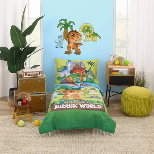 Image of NoJo Universal Jurassic World Explorers Welcome to Jurassic World, Green, Blue, and Tan Dinosaur 4 Piece Toddler Bed Set - Comforter, Fitted Bottom Sheet, Flat Top Sheet, and Reversible Pillowcase