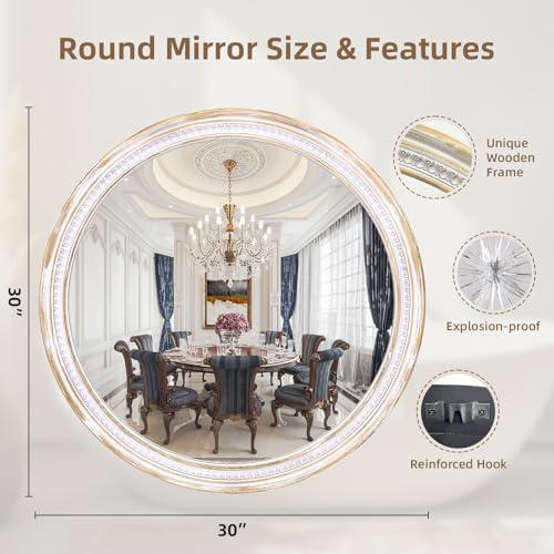Image of 30 Inch Round Wood Mirror, Rustic Farmhouse Wall Mirrors for Bathroom | Boho Accent, Vanity Styling, Decorative Circle Look for Living Room, Entryway, Bedroom, Hallway, and Fireplace Mantel