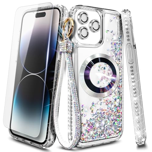WDHD Designed for iPhone 13 Pro Max Magnetic Case Compatible with MagSafe, Tempered Glass Screen Protector/Camera Lens Protector/Wrist Strap Lanyard, Glitter Floating Liquid Cute Case (Diamond)