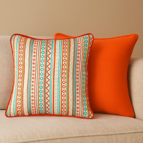 Image of Reversible 20x20 Boho Orange Cotton Woven Pack of 1 Fashion Throw Pillow Covers Cases for Couch Sofa Home Decoration | 50 x 50 cm