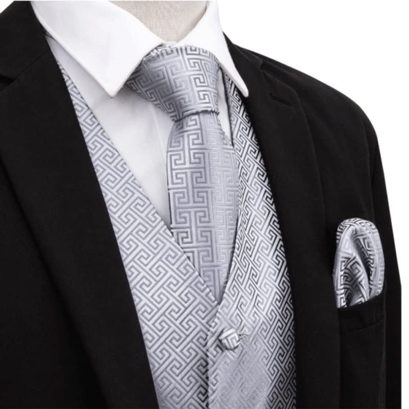 Silver Silk Vests Men Formal Suit Waistcoat For Tuxedo Pattern Ties Handkerchief Cufflinks Set Vest3