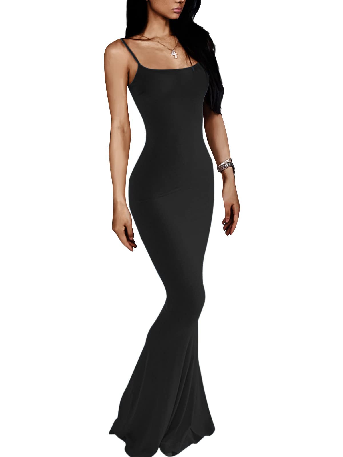 VIUTILDamen Maxi Bodycon Kleid Sexy Spaghettiträger Ärmellos Eng Slip Lange Kleider 2023