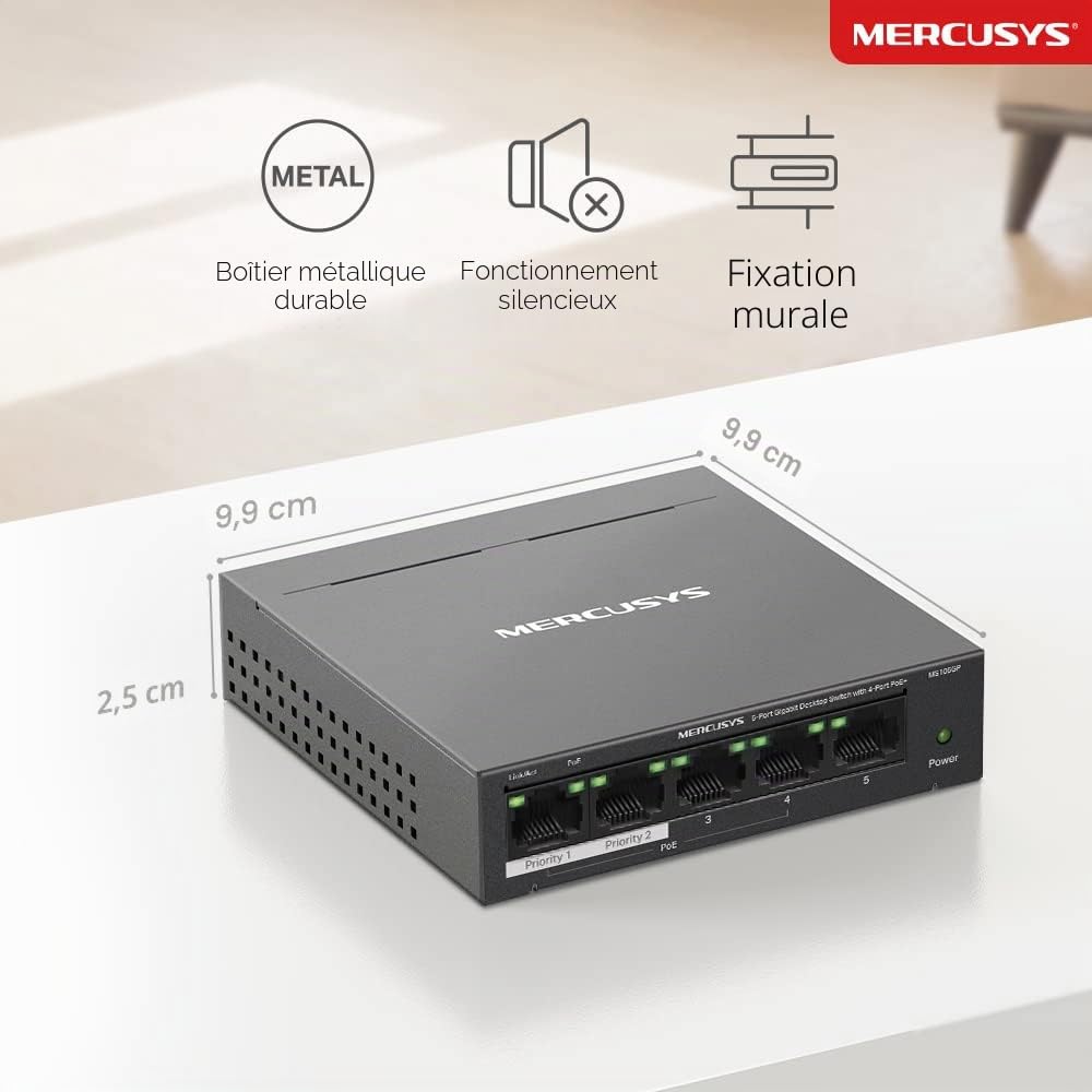 MERCUSYS MS105GP Commutateur réseau Gigabit 5 ports, commutateur Ethernet PoE+ 4 ports, budget total 65 W, boîtier en métal, montage mural ou de bureau, fonctionnement silencieux TP-Link