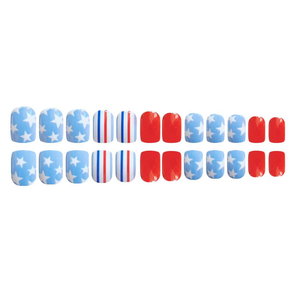 4th of July Press on Nails Short Square - Red White & Blue Stripes & White Star Design, Full Cover Glossy Fake Nails 24PCS for Women Memorial Day