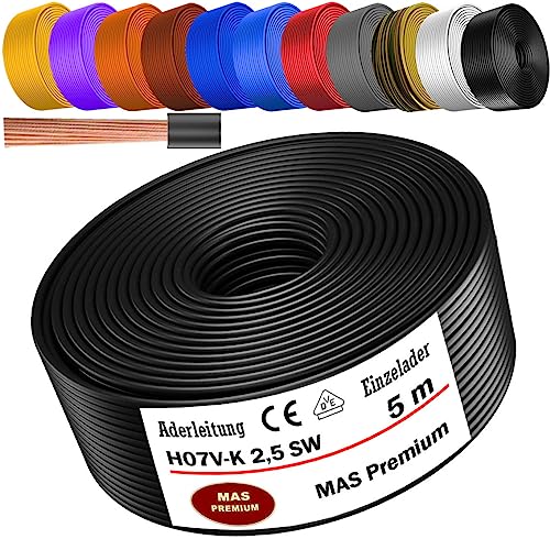 MAS Premium Aderleitung H07 V-K 1x2 5 mm HBL GRGE RT DBL BR OR GR WS VIO oder GE Einzelader flexibel Von 5 bis 100m (Schwarz 5m)