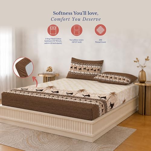 Image of Jaipur Weaves Bedsheet King Size 100% Pure Cotton Bed Sheet with 2 Pillow Covers, 300 TC Premium Bedding Set, 72x78 inches, Soft Breathable Camel Design Bedding (Amber Desert, Super King Fitted)
