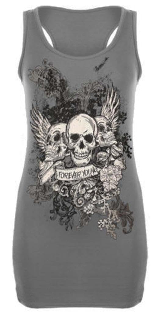 Wearall Women's Grey Skull Forever Young Print Racer Back Sleeveless Vest Top - Silver - 12-14