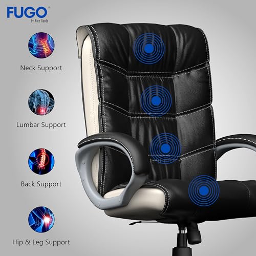 Image of FUGO FG10 Orthopedic Boss Chair with 3 Year Warranty | Leatherette Office Chair | Ergonomic Executive Chair with Spacious Cushioned Seat | Heavy Duty Metal Base (Black and White)