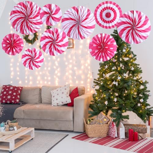Image of Outus 9 Pcs Christmas Hanging Decorations Peppermint Paper Fans Pink