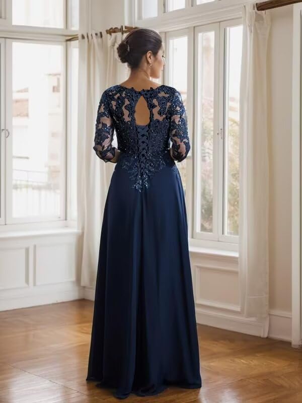 3/4 Sleeve Plus Size Mother of The Bride Dresses for Wedding Long Chiffon Lace V Neck Sequin Evening Formal Dress PU1762