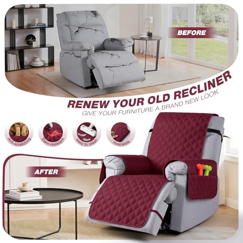 Image of TAOCOCO 100% Waterproof Recliner Covers, Recliner Sofa Covers with Leg Straps, Reversible Recliner Couch Cover for Reclining Chair, Washable Couch Protector for Pets Kids(1 Seater 22 inch, Wine)