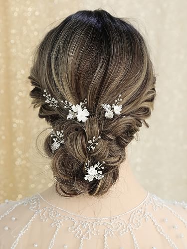Handmade-Pearl-Bridal-Wedding-Hair-Pins-6Pcs-White-Flower-Silver-Leaf-Pearls-Clips-Headpiece-Accessories-Jewelry-for-Bridesmaids-Party-Piece-Women-and-Girls-Blossoms-Silver