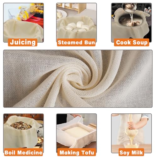 13 Stück Passiertuch Wiederverwendbar, 5 Käsetuch 50×50cm, 3 Cheesecloth 45×45cm, 5 Ungebleichtes Abseihtuch 40×40cm, Leinentuch aus Baumwolle mit Vernähten Ecken für Lebensmittelfiltration