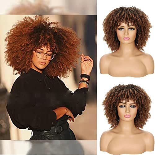 Peluca corta de pelo rizado estilo afro, peluca de pelo sintético resistente al calor, pelucas completas con flequillo (marrón) Cover