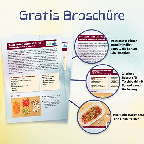 Koreanische Reiskuchen Reis Sticks für Tteok-bokki - Inkl. Broschüre mit bebilderten Kochrezepten und Videoanleitungen für würzige Reisnudel-Gerichte aus Korea - 1er Pack (400g)