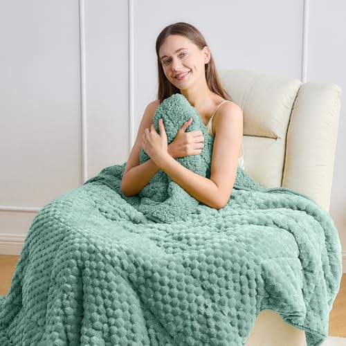 Wemore Fleece Weighted Blanket for Adults (60" x 80" 20lbs, Green), Dual Sided Cozy Soft Sherpa Heavy Blanket, 3D Imitation Turtle Shell Warm Jacquard Flannel Weighted Blankets for Couch and Bed
