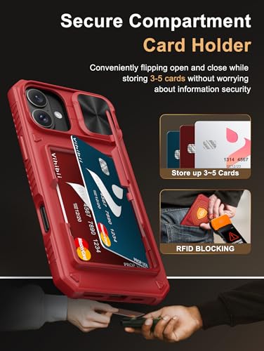 Image of Vihibii for iPhone 16 Plus Wallet Case with Card Holder (4 Cards) [RFID Blocking] & Slide Camera Cover & Raised Edges Protect Screen, Shockproof Rugged Phone Case for iPhone 16 Plus 6.7 inch, Red