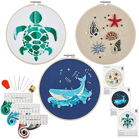 Armindou 3 Sets Embroidery Starter Kits with Coastal Pattern for Adults Beginners, Beach Stamped Cross Stitch Kit Hand DIY Needlepoint Kit, 3 Embroidery Hoops, 3 Embroidery Fabric, Needles and Threads Cover