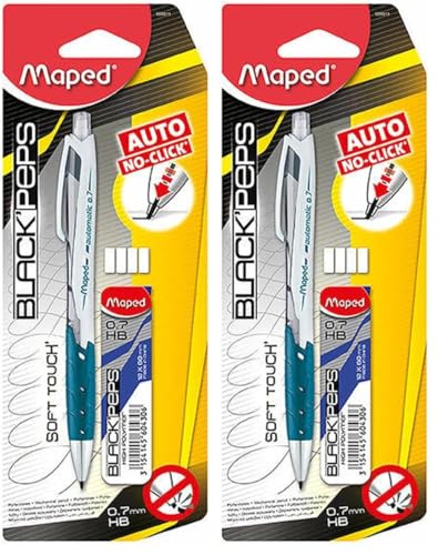 Maped - Porte-Mine HB 0,7mm + Étui-Mines + 4 Gommes - Crayon à Mine avec Embout Gomme et Sortie de Mine Automatique - Préhension Soft - Coloris Aléatoire Bleu, Rose, Vert (Lot de 2)