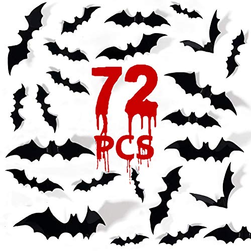 MISS FANTASY Halloween Bats 72PCS Bats Decor 3D Bat Decorations Bats for Wall Black Plastic Bat Decal Stickers for Home Office Wall