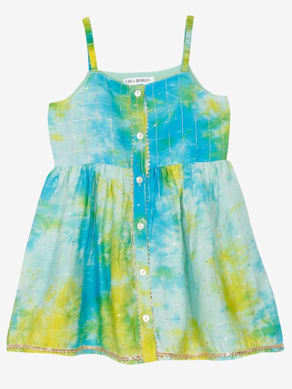 Image of Saka Designs Tie & Dye Blue and Sea Green Jhabla and Dhoti