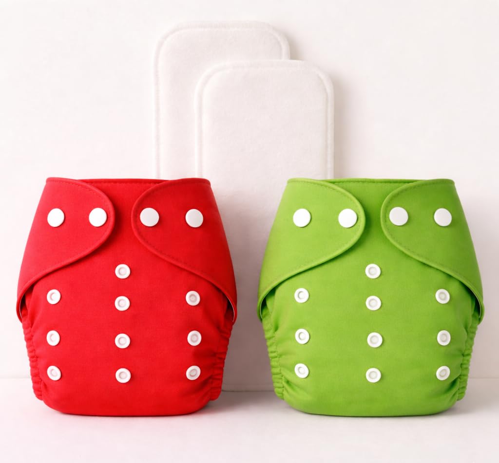 Reusable Cloth Baby Diapers | Soft Washable Cotton Nappies For Daily Care | Adjustable Fit Design | Reusable Diaper Set For Home Nursery Travel Use (Red/Green)-image-27