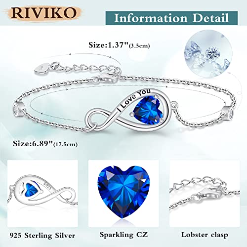 Riviko Infinity Heart Symbol Charm Bracelet For Women Engraved Bracelets 925 Sterling Silver With Blue Zirconia Adjustable Link Birthday Anniversary Christmas Valentine's Day Jewelry Gift For Women Mom Wife Girls Sister #TOP3
