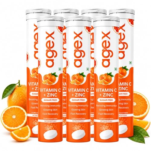 Image of Vitamin C+Zinc Effervescent Tablets | Natural Amla Extract 1000mg + Vit C 80mg + Zinc 10mg | Immunity Booster for Skin, Hair & Nails | Supports Collagen Production |Orange Flavour | Sugar-Free | 140 Effervescent Tablets (Pack of 7)