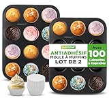 NutriChef Lot de 2 Plaques à Muffins 12 cups – Acier Empilable, Compatible Lave‑Vaisselle et Four, 100 Caissettes Incluses, Noir