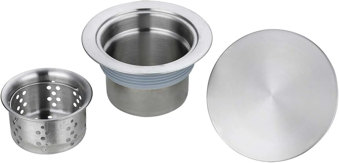 Components of a sink drain strainer, including the basket, main body, and cover.